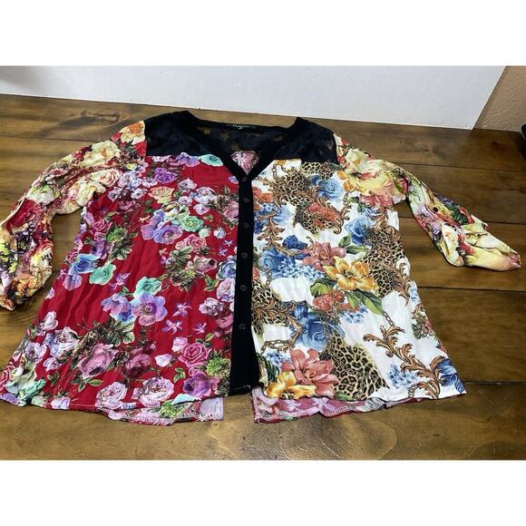 Calessa Top Womens XL Multi Floral Print Mesh Inset Roll Tab Button Shirt - Picture 1 of 12